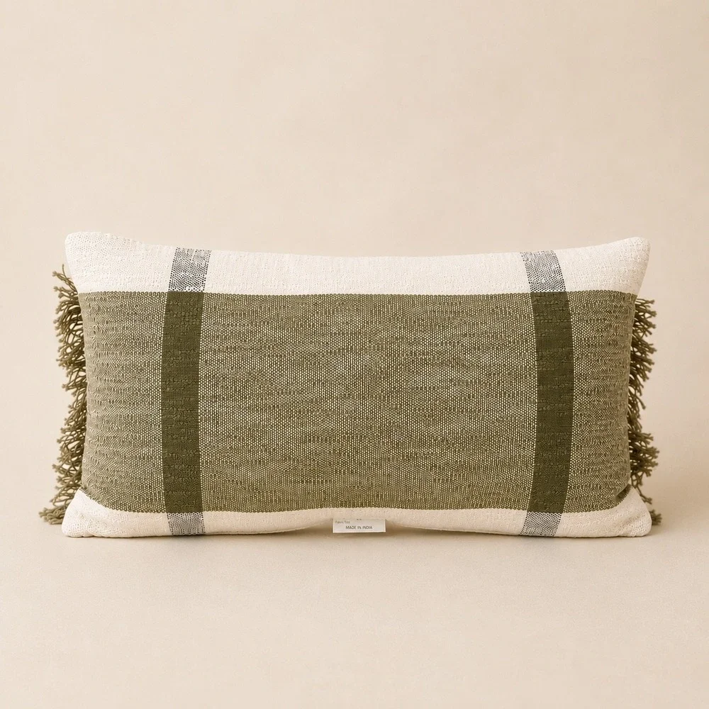 Threshold Olive Green Plaid Lumbar Toss Pillow with Fringe 14x24 Cotton Linen